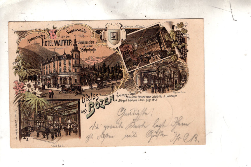 Cartolina antica Saluti da Bolzano Hotel Walther- Gruss aus Bozen