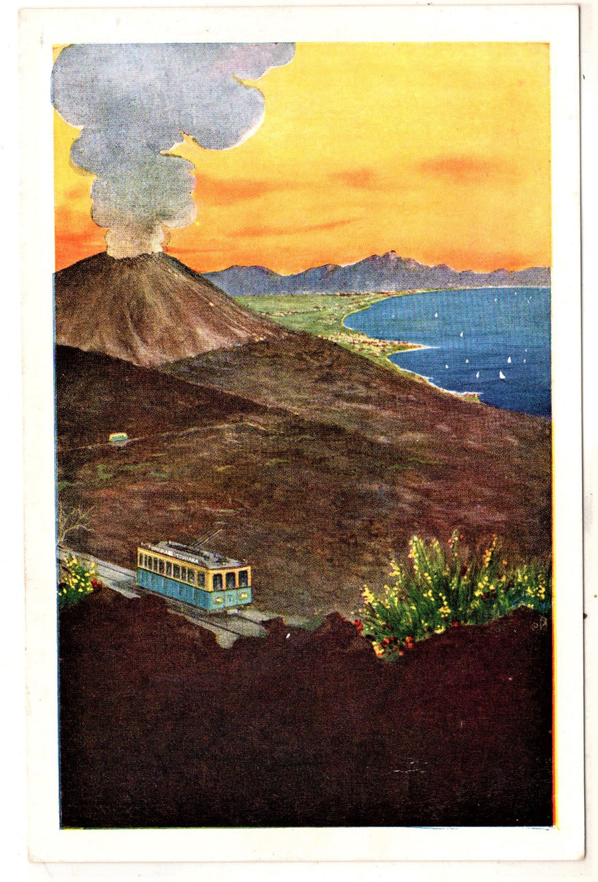 Cartolina antica Napoli funicolare con Vesuvio