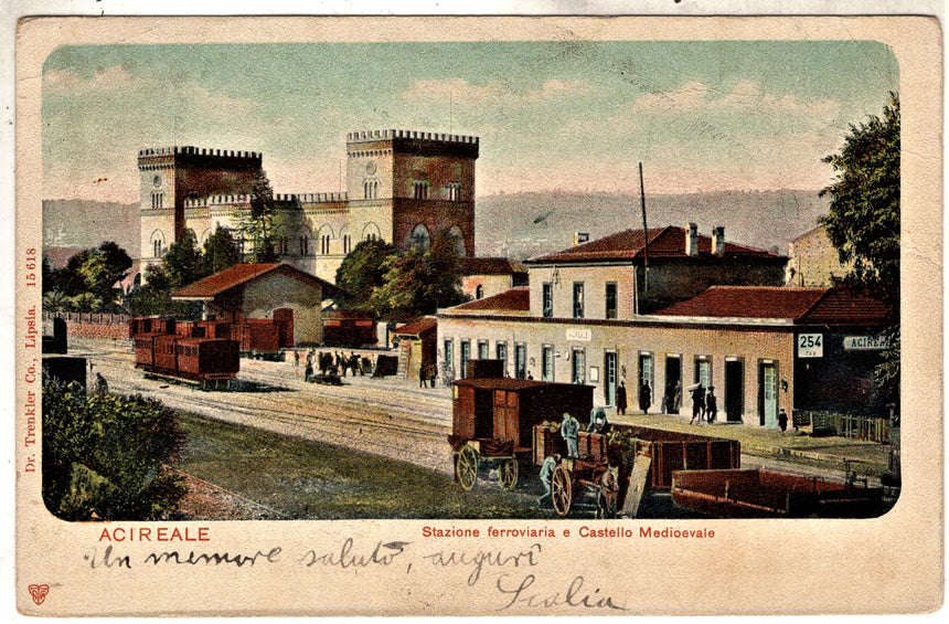 Cartolina antica Acireale la stazione ferroviaria e castello