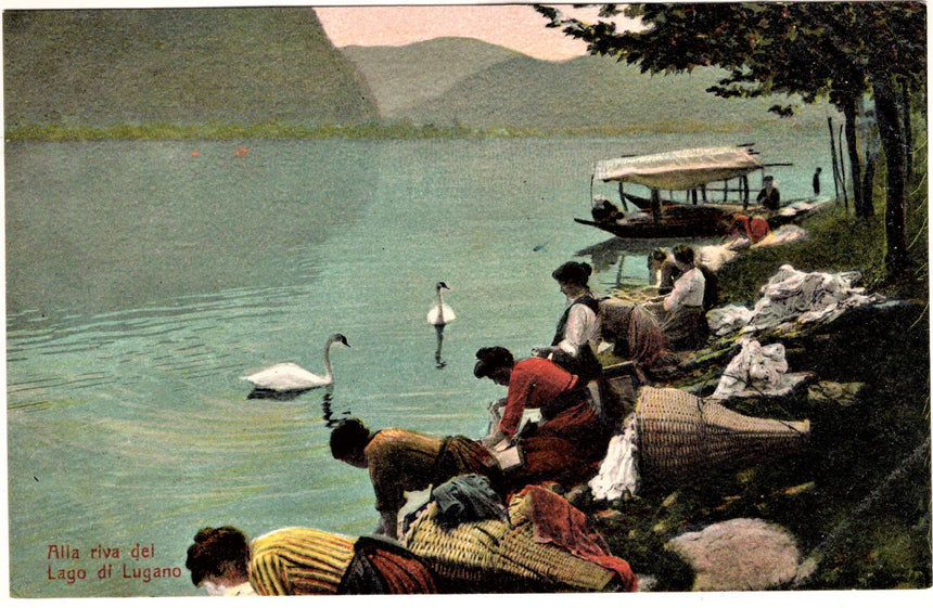 Cartolina antica Lugano lavandaie al lago