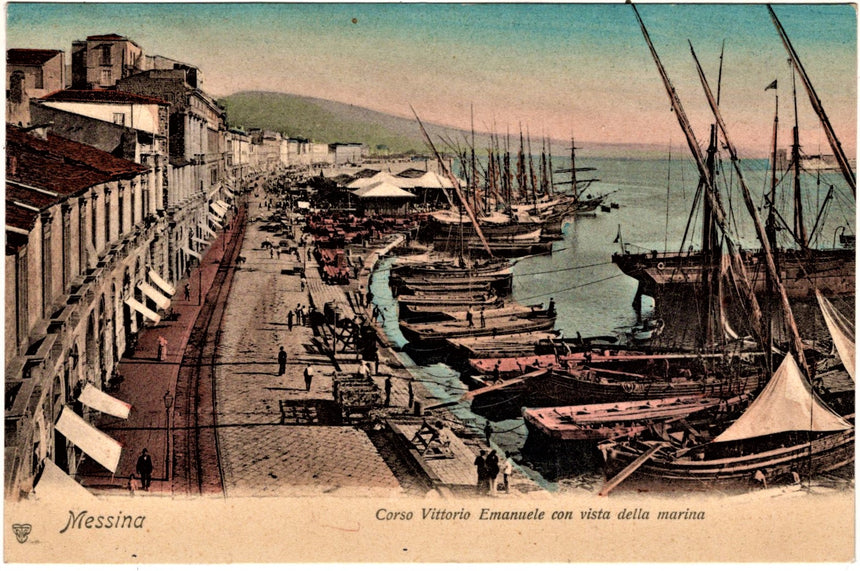 Cartolina antica Messina corso V.Emanuele e vista della marina