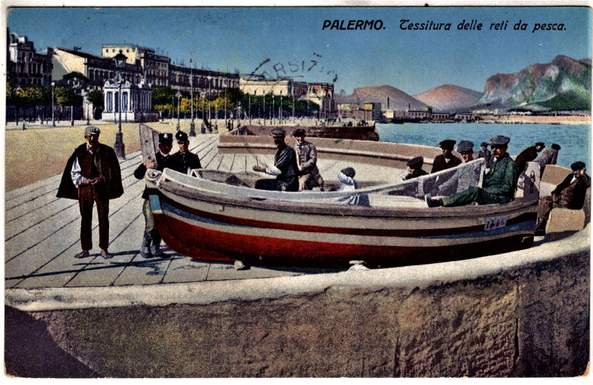 Cartolina antica Palermo tessitura delle reti da pesca