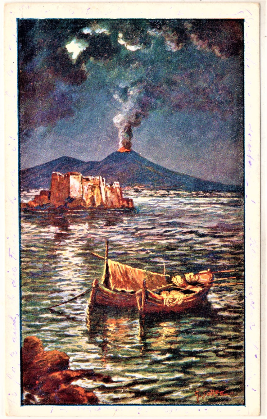 Cartolina antica Napoli notturno con il Vesuvio