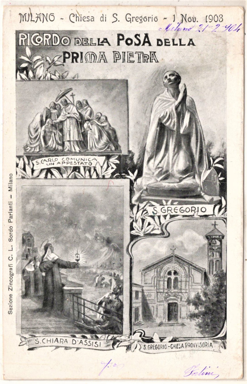 Cartolina antica Milano chiesa di S.Gregorio ricordo posa della prima pietra1903