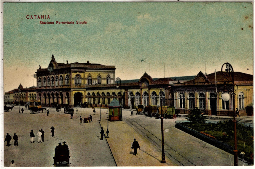 Cartolina antica Catania stazione ferroviaria sicula