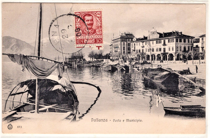 Cartolina antica Pallanza porto e municipio