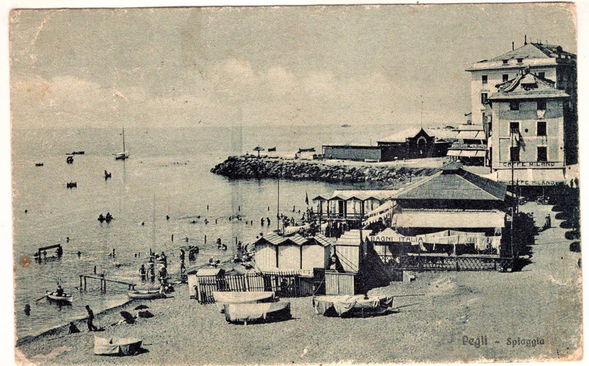 Cartolina antica Genova Pegli la spiaggia bagni Italia caffe Milano