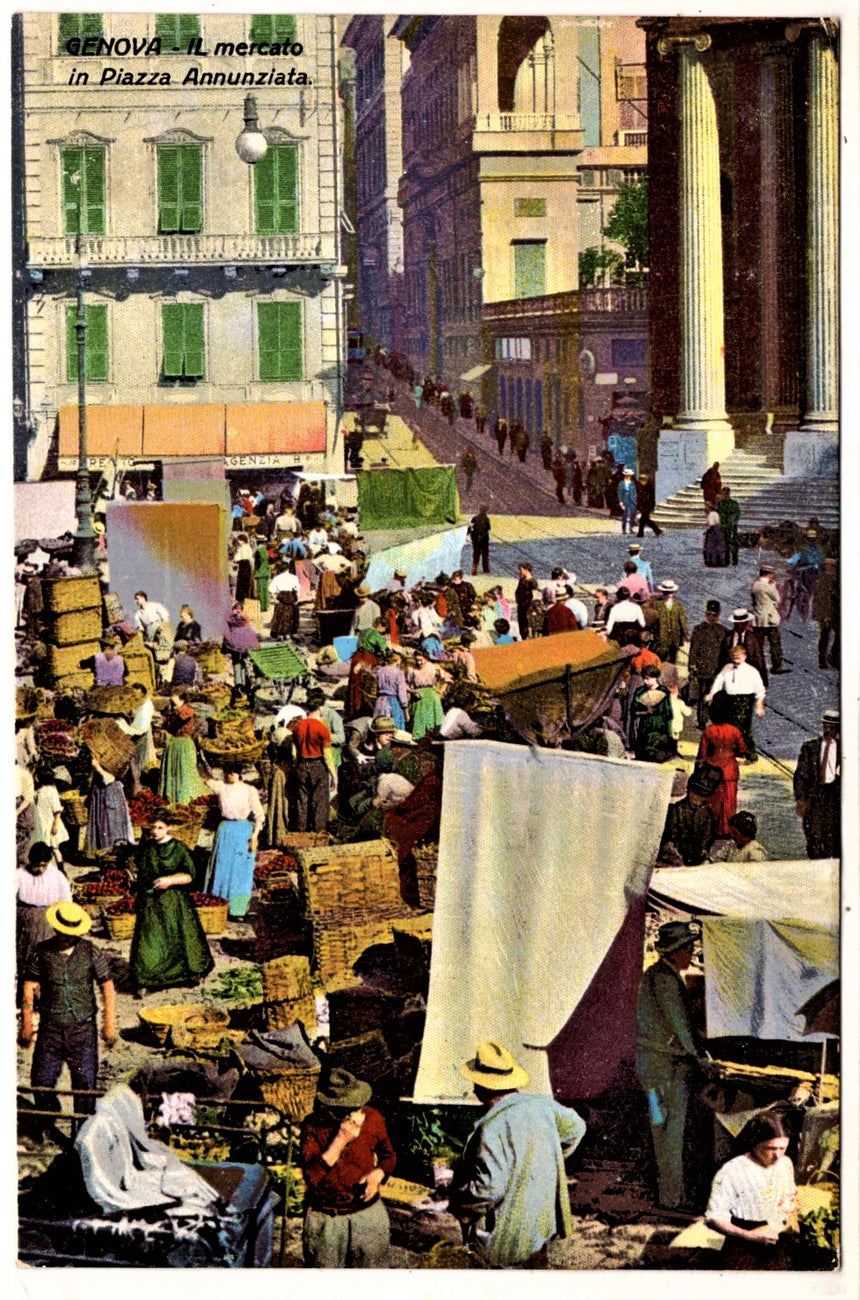 Cartolina antica Genova il mercato in piazza Annunziata