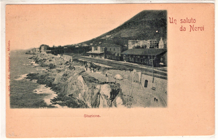 Cartolina antica Genova un saluto da Nervi la stazione ferroviaria