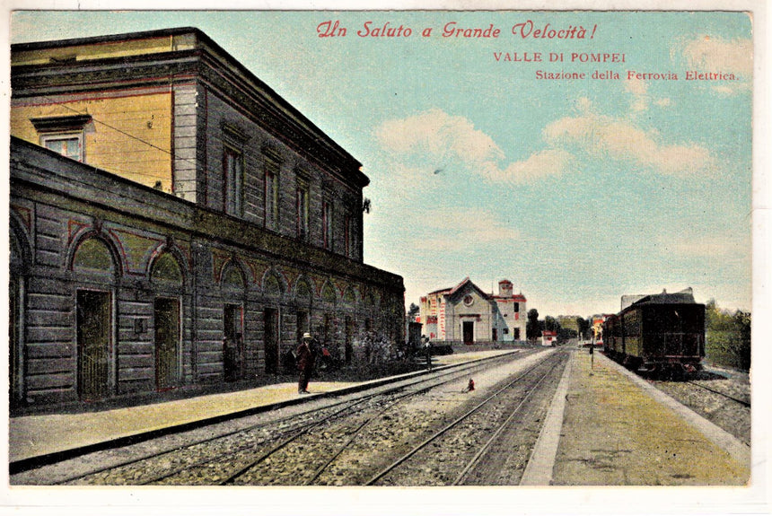 Cartolina antica Napoli Valle Pompei stazione della ferrovia elettrica