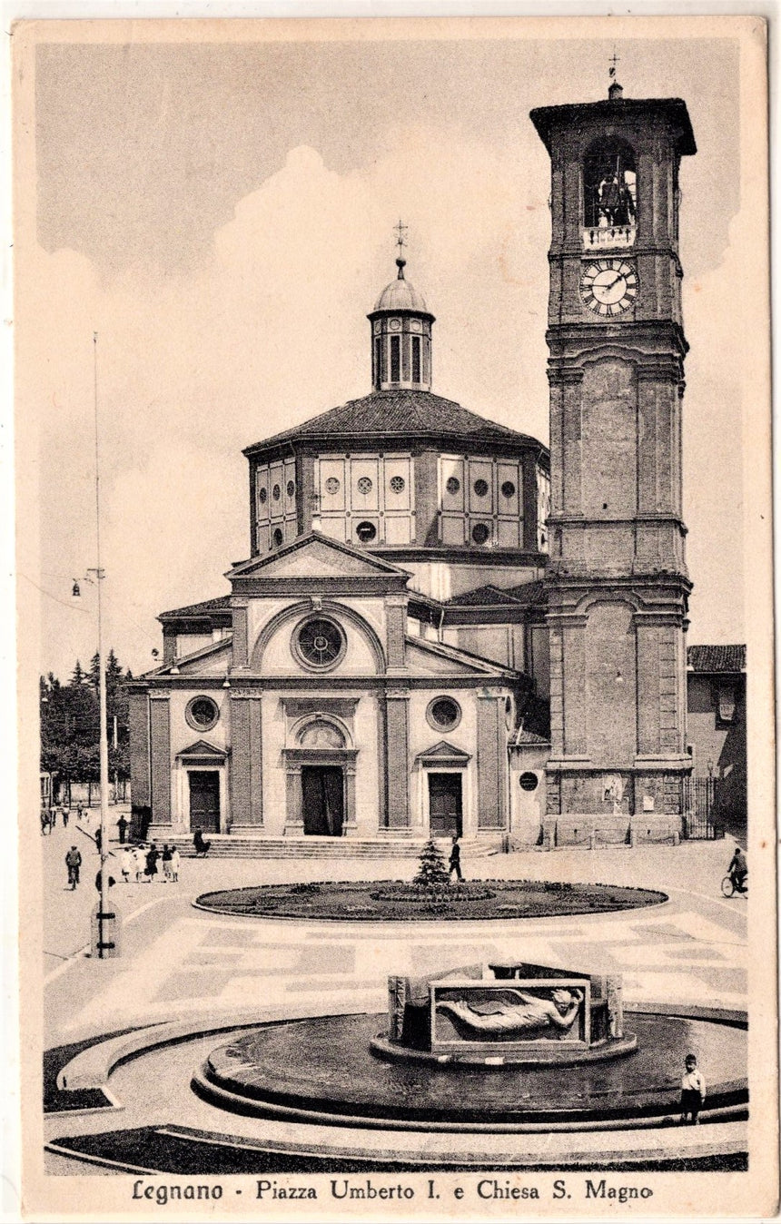 Cartolina antica Legnano piazza Umberto I e chiesa S.Magno