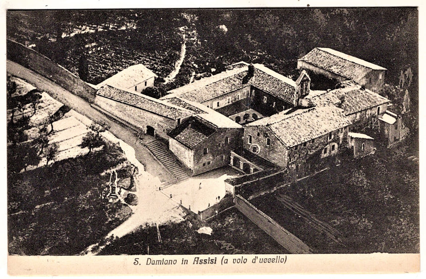 Cartolina antica Assisi San Damiano a volo d uccello