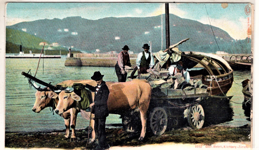 Cartolina antica Lugano Carretta di Bovi contadini con carro e buoi