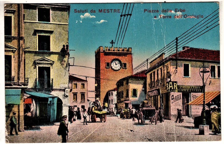 Cartolina antica Mestre piazza delle erbe e torre dell orologio