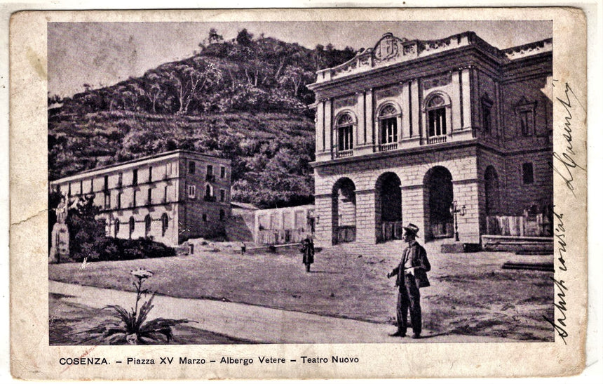 Cartolina antica Cosenza Piazza XV marzo albergo Vetere Teatro nuovo