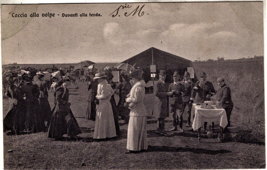 Cartolina antica Caccia alla volpe davanti alla tenda
