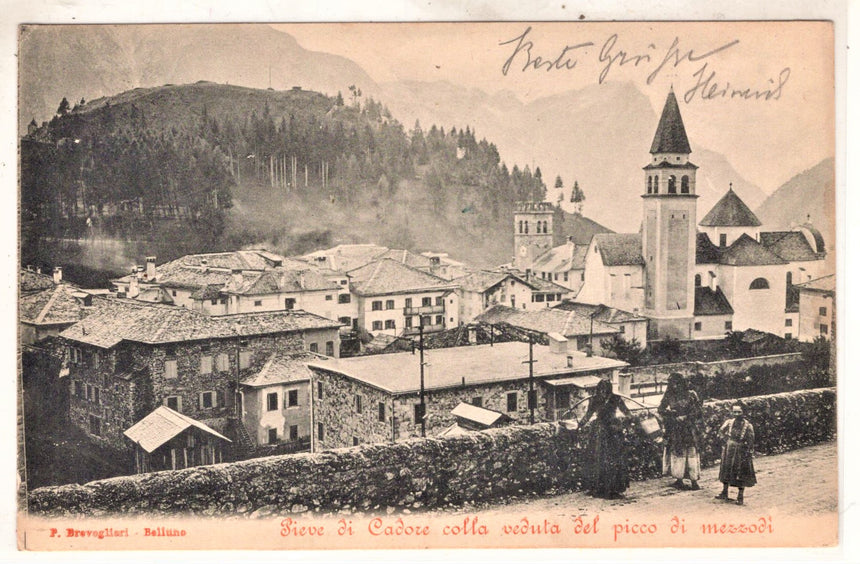 Cartolina antica Pieve di Cadore con la veduta del picco di Mezzodi