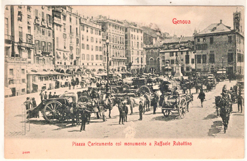 Cartolina antica Genova Piazza Caricamento e monumento a R. Rubattino