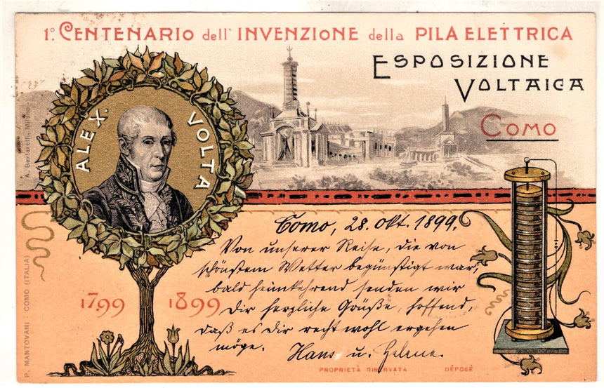 Cartolina antica Como Esposizione Voltaica I centenario invenzione della pila
