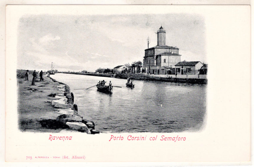 Cartolina antica Ravenna Porto Corsini col semafero