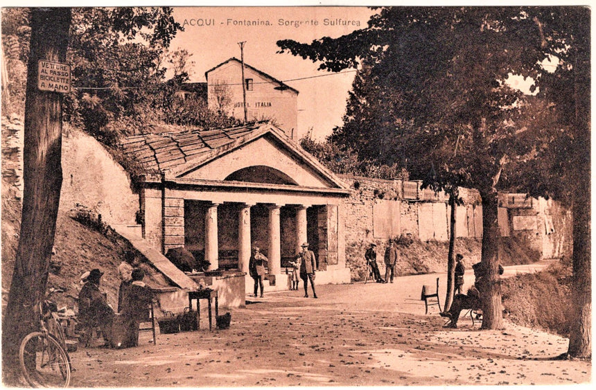 Cartolina antica Alessandria Acqui fontana acqua sulfurea hotel Italia