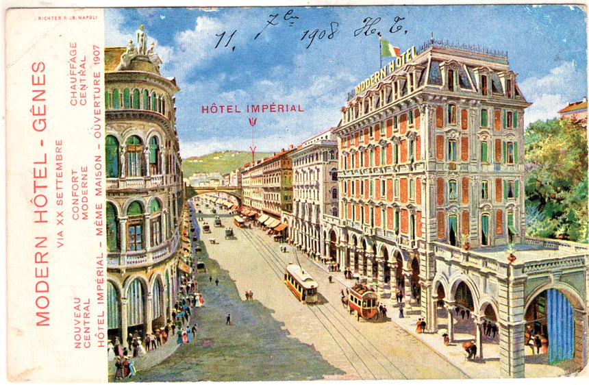 Cartolina antica Genova Hotel Modern Imperial in via XX settembre