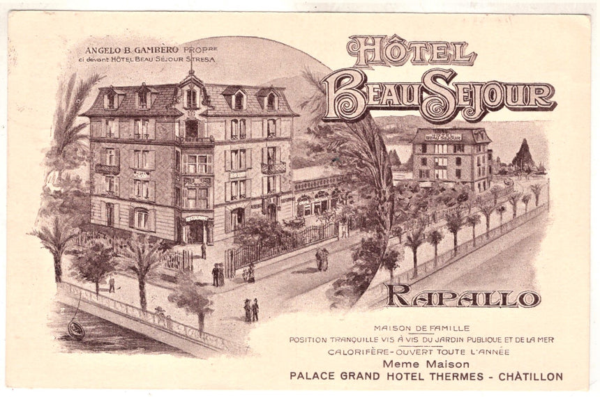 Cartolina antica Genova Rapallo Hotel BeauSejour Angelo B.Gambero prop.