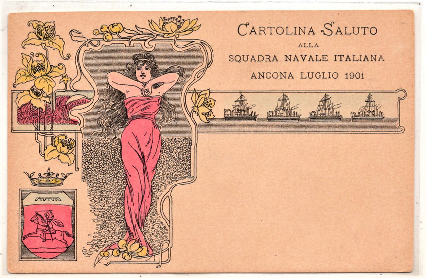 Cartolina antica Cartolina saluto alla squadra navale italiana Ancona 19001