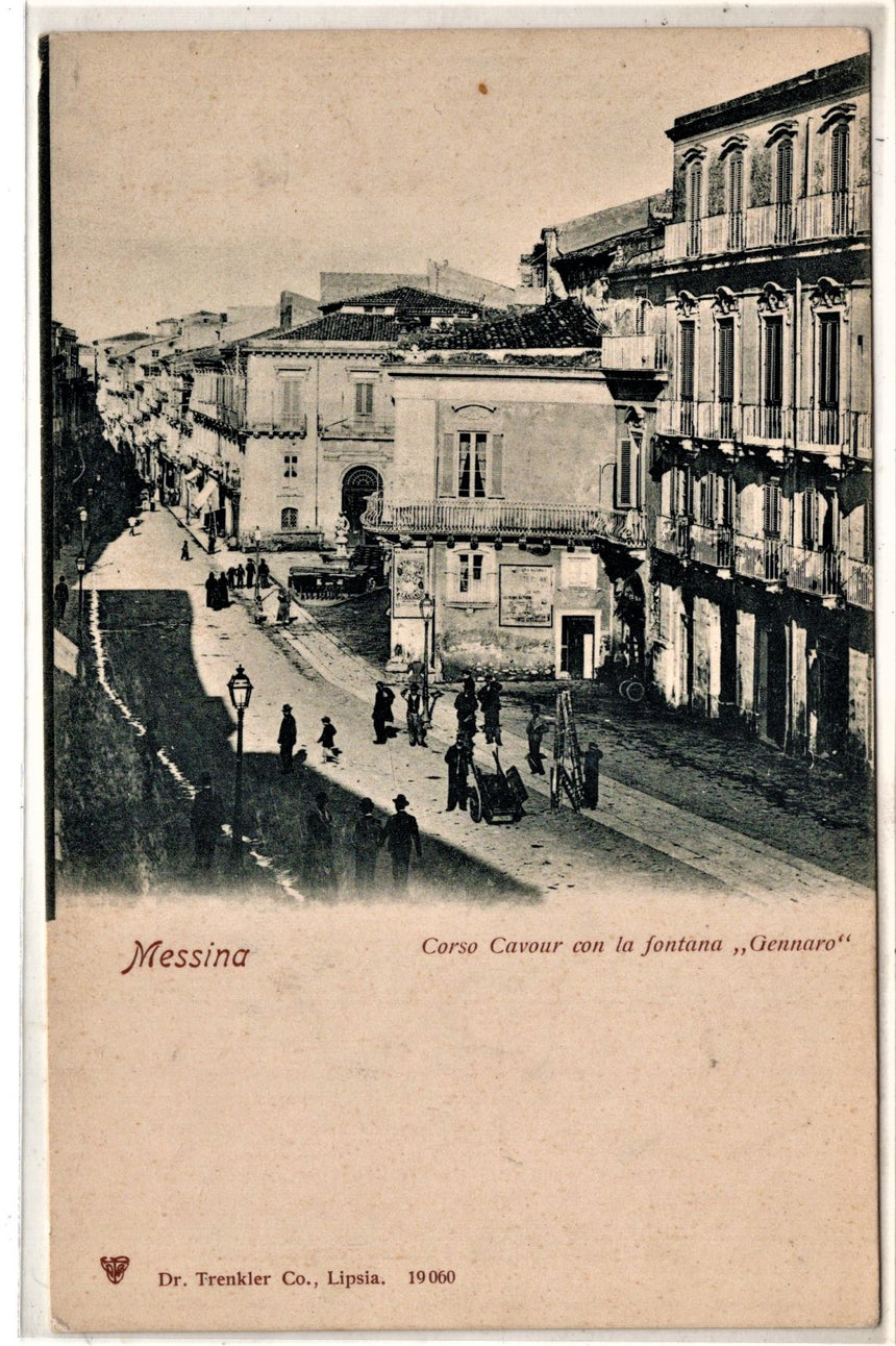 Cartolina antica Messina corso Cavour con la fontana Gennaro