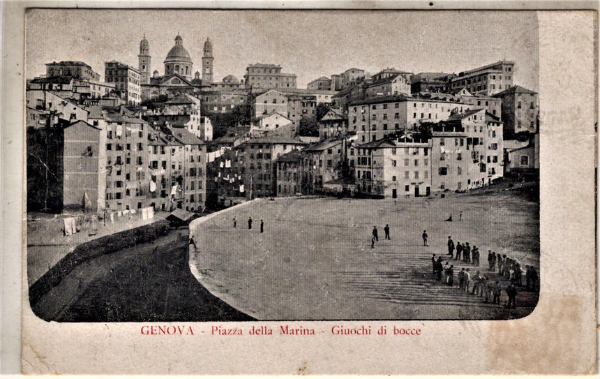 Cartolina antica Genova piazza della Marina e giochi di bocce