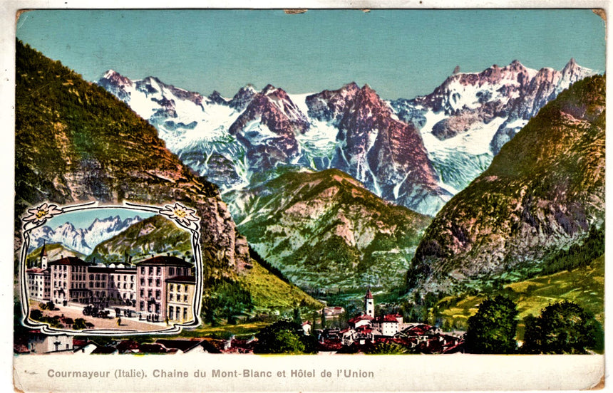 Cartolina antica Courmanyeur du Mont Blanc Hotel de L Union J. Ruffier prop.