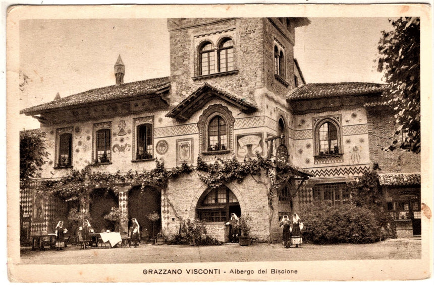 Cartolina antica Grazzano visconti albergo del Biscione