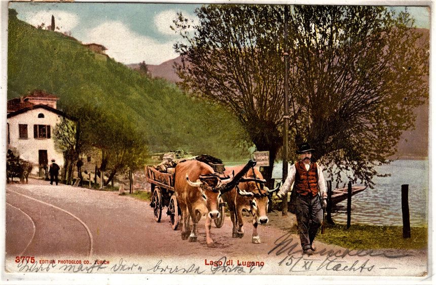 Cartolina antica Lago di Lugano contadino con carro con buoi