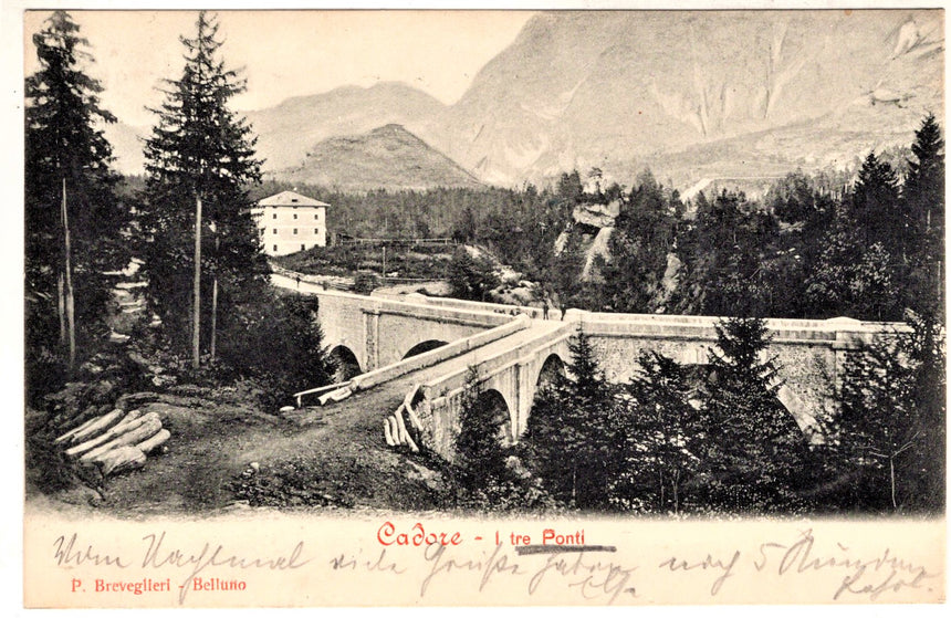 Cartolina antica Cadore i tre ponti Belluno