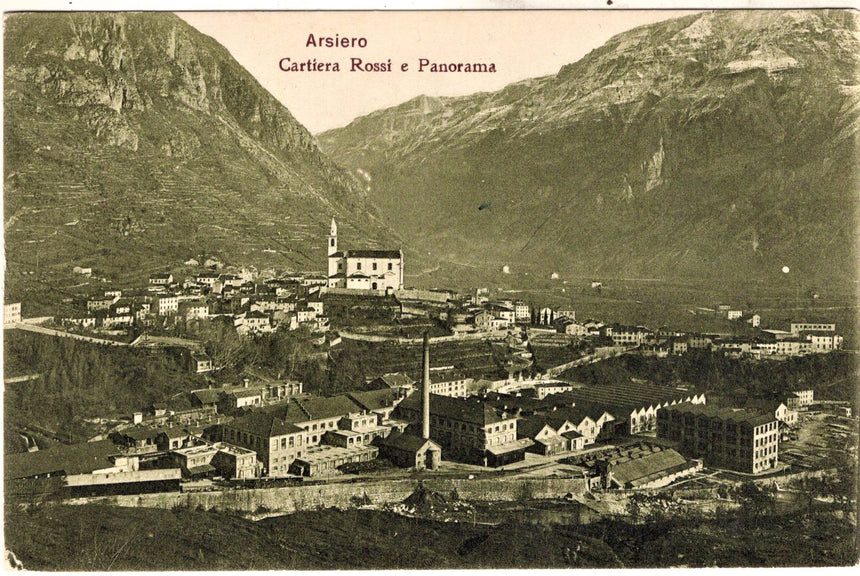 Cartolina antica Arsiero cartieraRossi e panorama