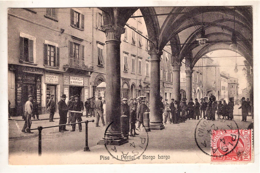 Cartolina antica Pisa i portici Borgo largo