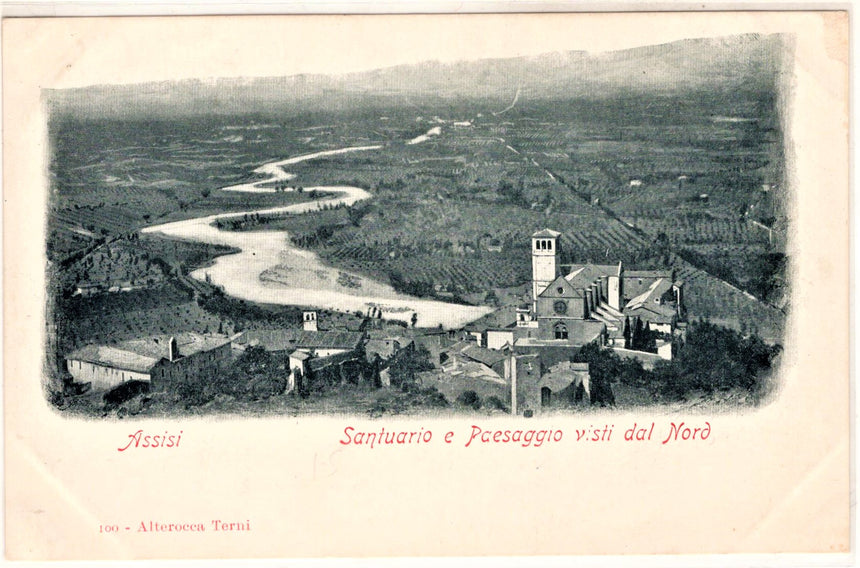 Cartolina antica Assisi santuario epaesaggio visto dal Nord