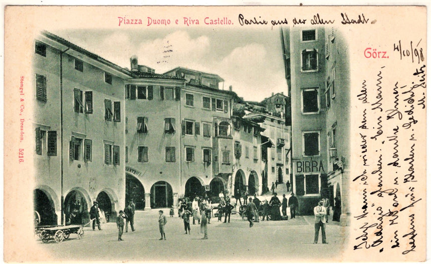 Cartolina antica Gorizia piazza Duomo e riva Castello