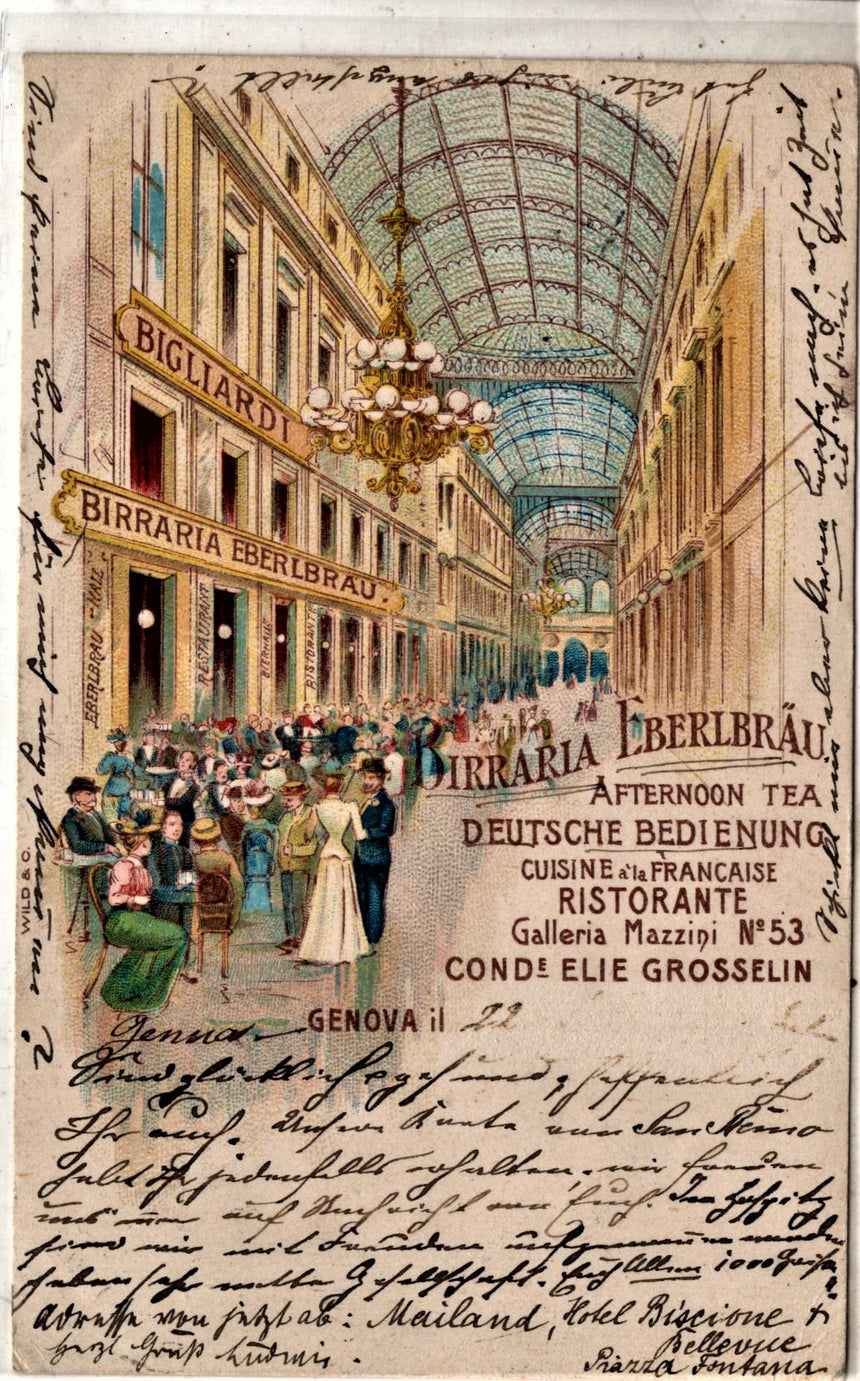 Cartolina antica Genova birreria Eberlbraum in galleriaMazzini