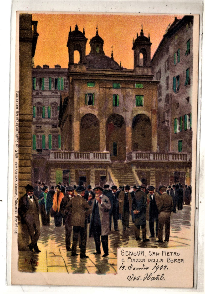 Cartolina antica Genova San Pietro e piazza della borsa