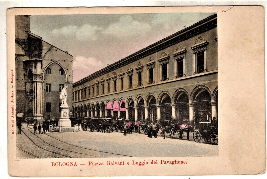Cartolina antica Bologna piazza Galvani e loggia del Pavaglione