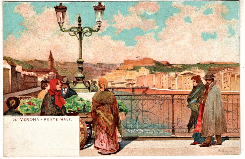 Cartolina antica Verona ponte navi dis.Tafuri cart.uff.esposizione VR 1900
