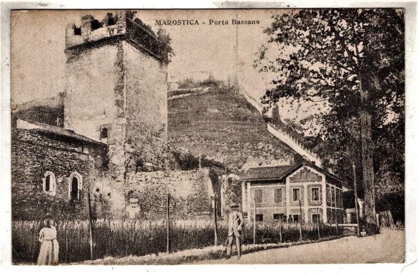 Cartolina antica Marostica porta Bassano scritta in francese sped in busta