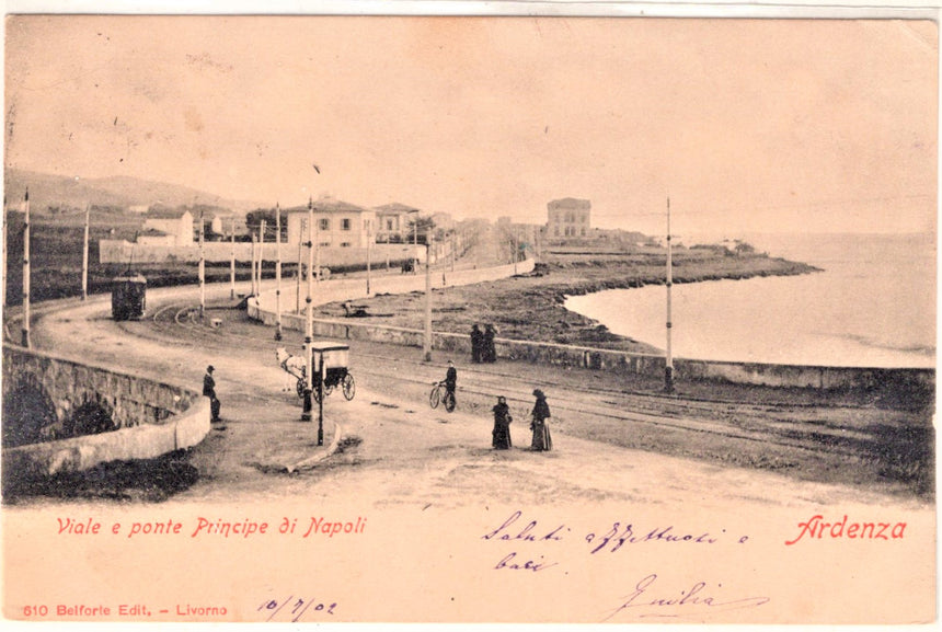 Cartolina antica Ardenza viale e ponte principe di Napoli Livorno