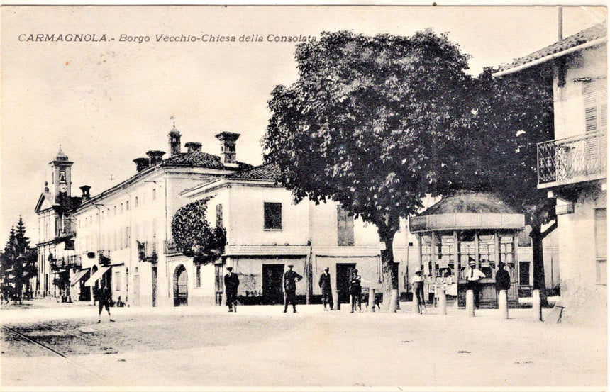 Cartolina antica Carmagnola borgo vecchio e chiesa della Consolata