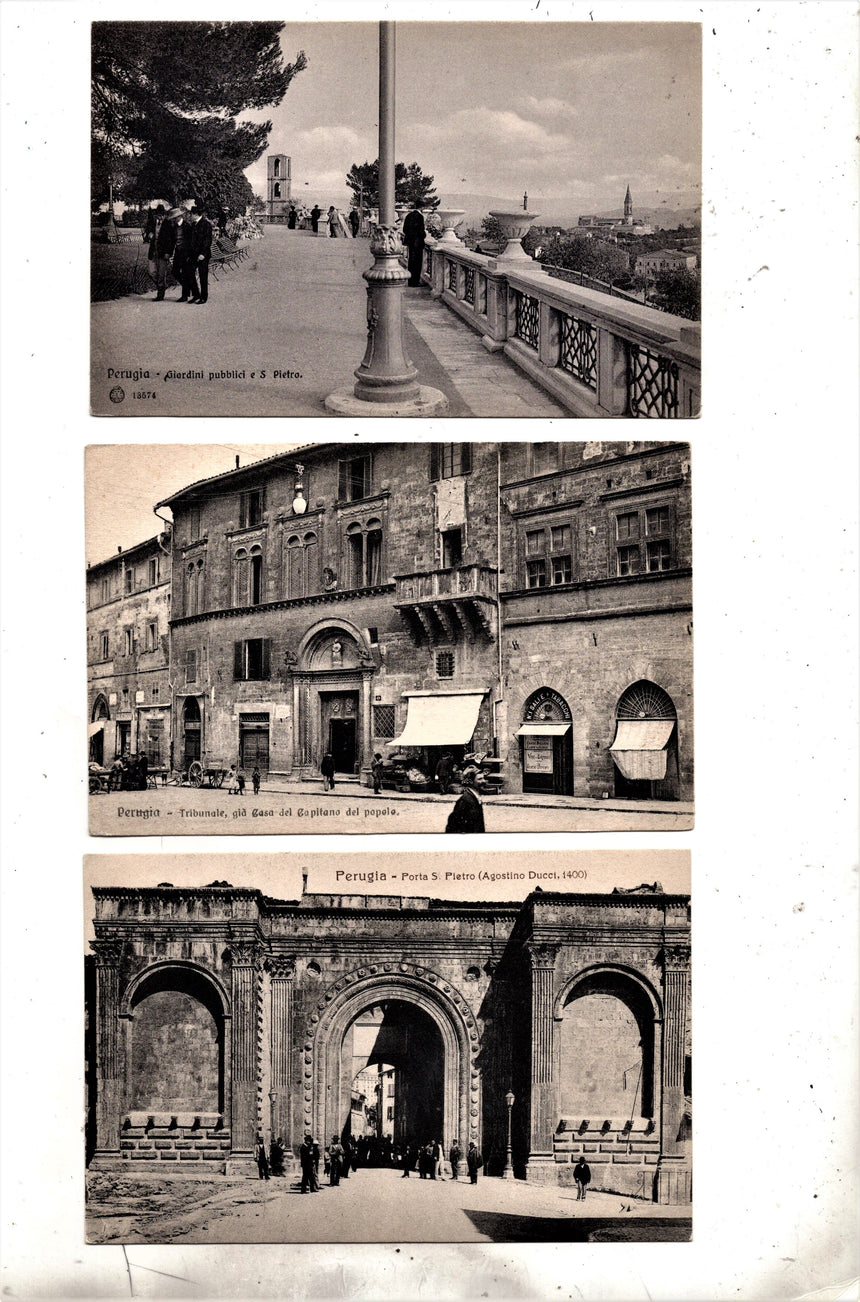 Cartolina antica Perugia Tribunale porta S.Pietro Giardini