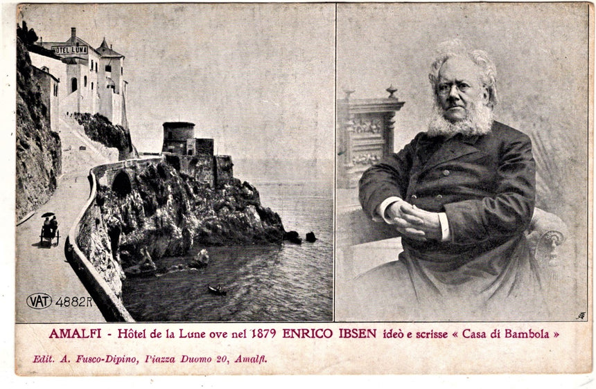 Cartolina antica Amalfi Hotel de la Lune  con Enrico Ibsen