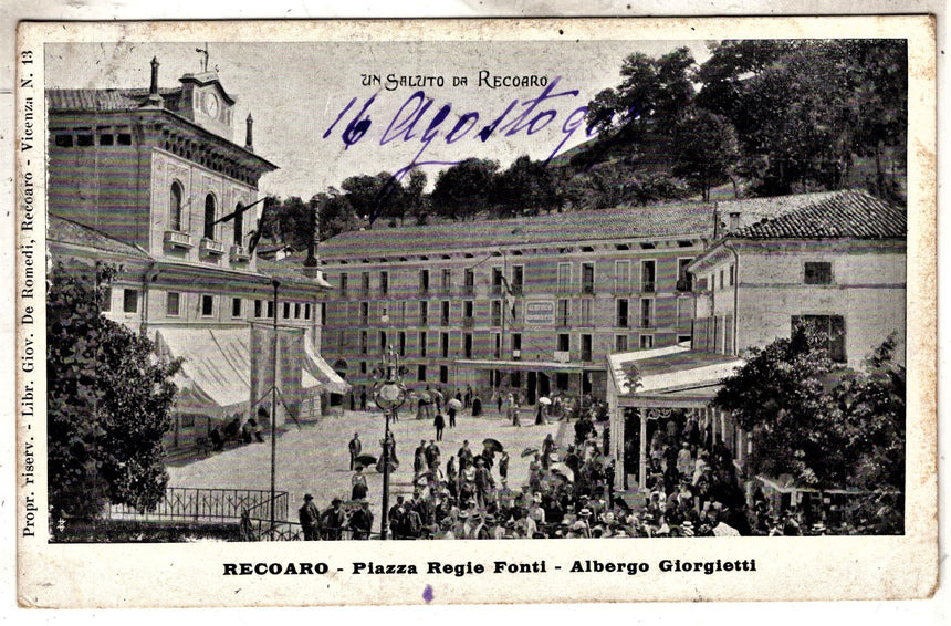 Cartolina antica Recoaro piazza reggia fonte albergo Giorgietti