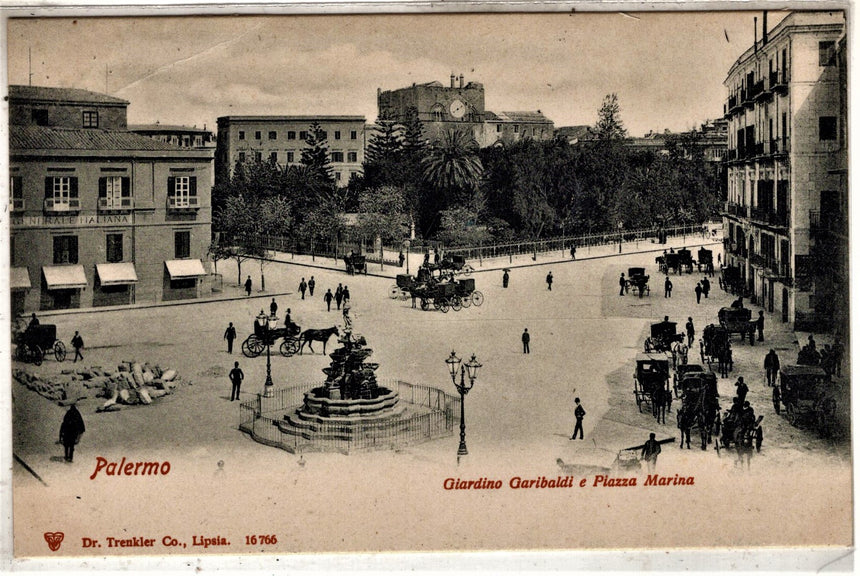 Cartolina antica Palermo giardino Garibaldi e piazza Marina