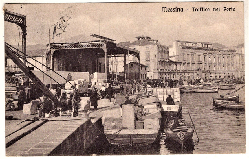 Cartolina antica Messina traffico al porto